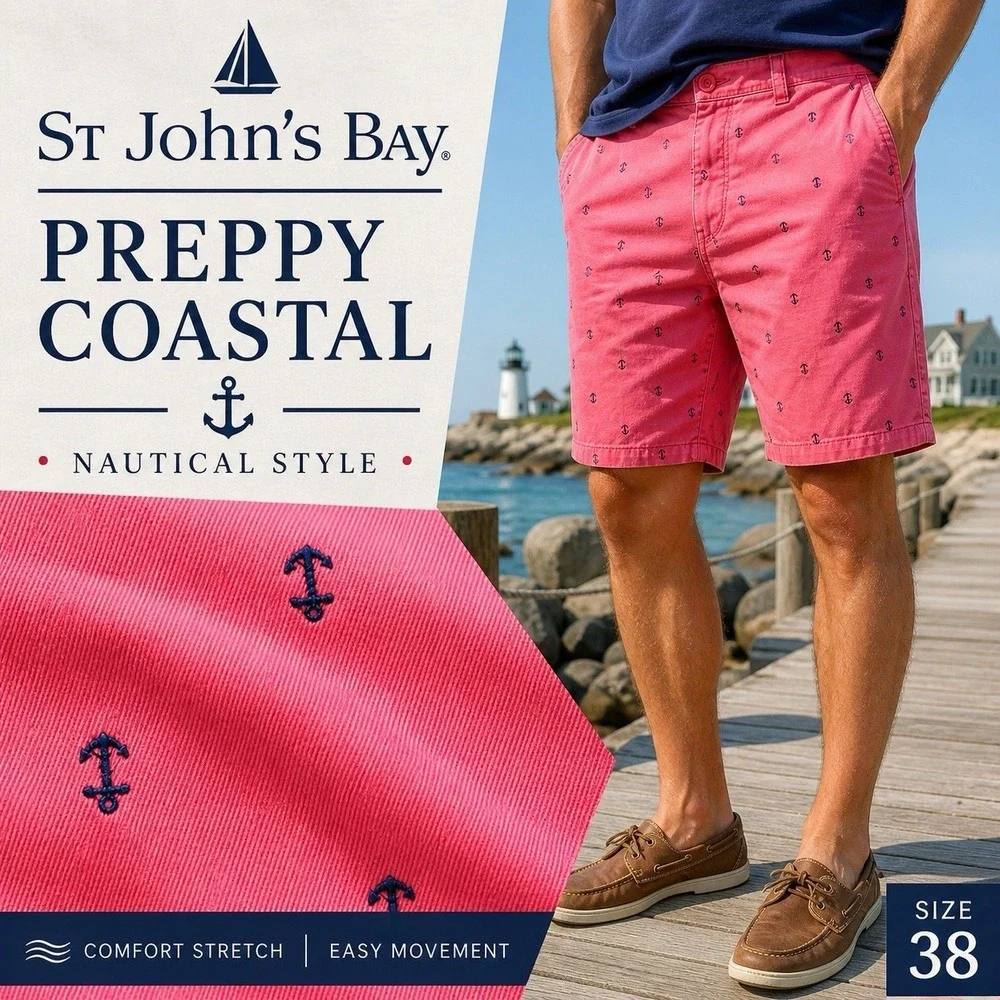 St‎ Johns Bay Shorts Mens 38 Pink Anchor Nautical Preppy Coastal Stretch Chino